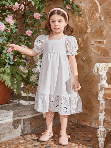 Kids CHARMNG Young Girls' Square Collar Hollowed Out Lace Trim Bubble Sleeve Ruffled Hem Dress, Mommy And Me Matching Outfits (2 Pieces Are Sold Separately)