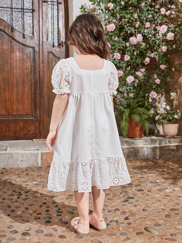Kids CHARMNG Young Girls' Square Collar Hollowed Out Lace Trim Bubble Sleeve Ruffled Hem Dress, Mommy And Me Matching Outfits (2 Pieces Are Sold Separately)