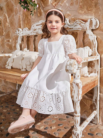 Kids CHARMNG Young Girls' Square Collar Hollowed Out Lace Trim Bubble Sleeve Ruffled Hem Dress, Mommy And Me Matching Outfits (2 Pieces Are Sold Separately)
