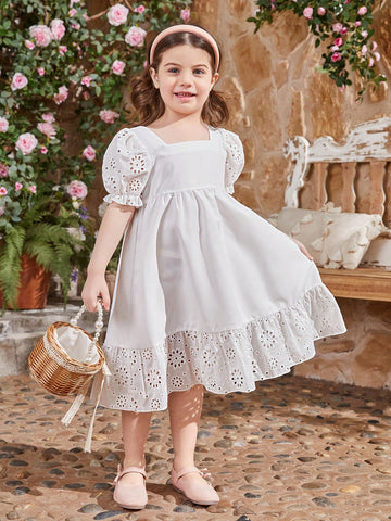 Kids CHARMNG Young Girls' Square Collar Hollowed Out Lace Trim Bubble Sleeve Ruffled Hem Dress, Mommy And Me Matching Outfits (2 Pieces Are Sold Separately)