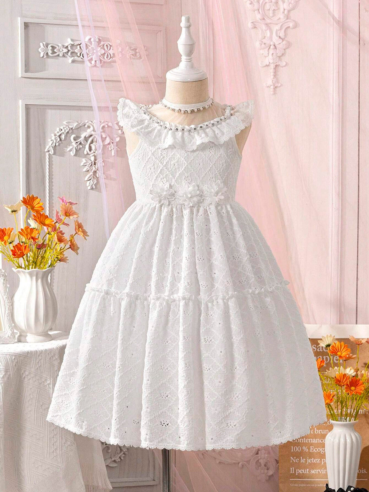 Kids CHARMNG Young Girls' White Romantic Ruffle Trimmed Floral Applique Dress
