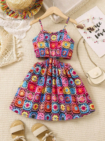 Kids Cooltwn Toddler Girls' Crochet Imitation Colorful Flower Print Spaghetti Strap Dress For Summer