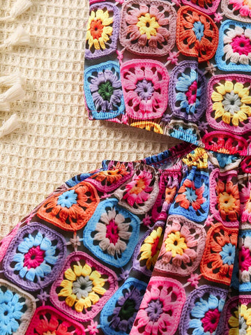 Kids Cooltwn Toddler Girls' Crochet Imitation Colorful Flower Print Spaghetti Strap Dress For Summer