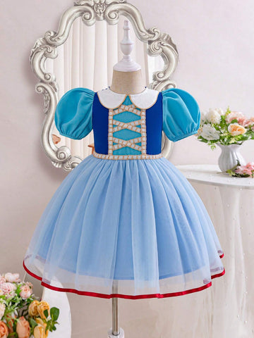 Kids Cooltwn Young Girl Wedding Season Off-Shoulder Short Sleeve Mesh Dress (Contrast Color)