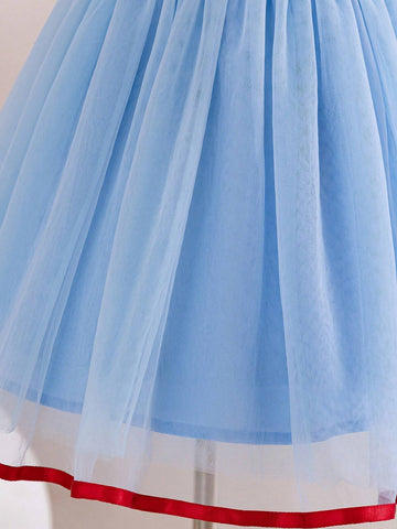 Kids Cooltwn Young Girl Wedding Season Off-Shoulder Short Sleeve Mesh Dress (Contrast Color)