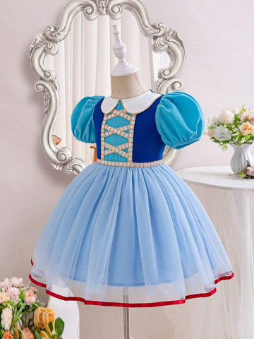 Kids Cooltwn Young Girl Wedding Season Off-Shoulder Short Sleeve Mesh Dress (Contrast Color)