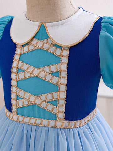 Kids Cooltwn Young Girl Wedding Season Off-Shoulder Short Sleeve Mesh Dress (Contrast Color)