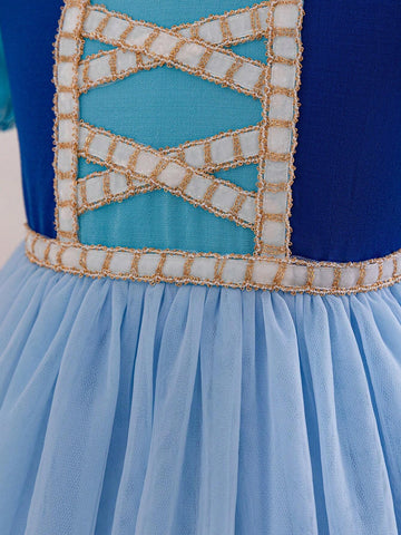 Kids Cooltwn Young Girl Wedding Season Off-Shoulder Short Sleeve Mesh Dress (Contrast Color)