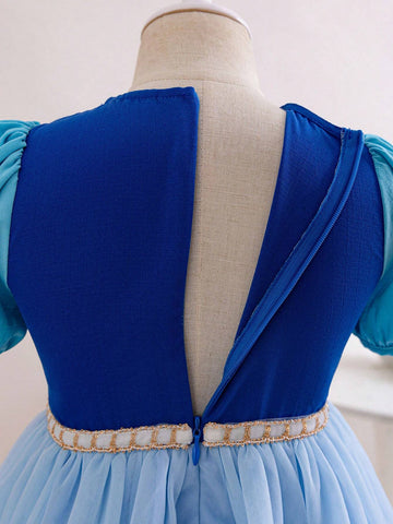 Kids Cooltwn Young Girl Wedding Season Off-Shoulder Short Sleeve Mesh Dress (Contrast Color)