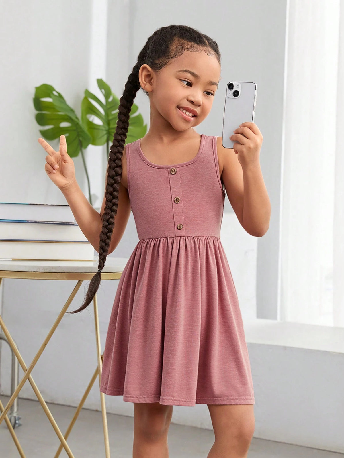 Kids Cooltwn Young Girl's Daily Outfit Sweet Solid Knit Sleeveless Dress For Spring And Summer