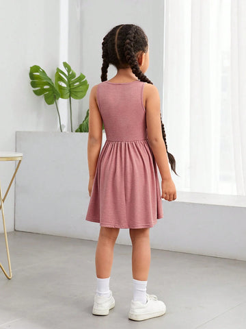 Kids Cooltwn Young Girl's Daily Outfit Sweet Solid Knit Sleeveless Dress For Spring And Summer