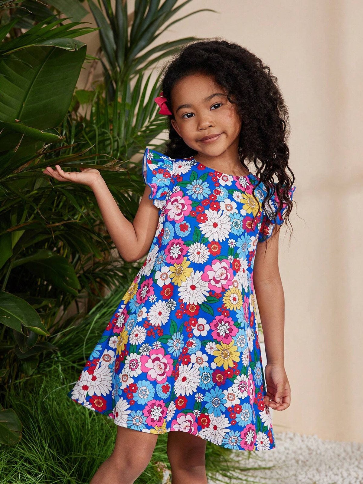 Kids Cooltwn Young Girl's Everyday Casual Spring Summer Woven Floral Print Round Neck Short Flared Sleeve Dress