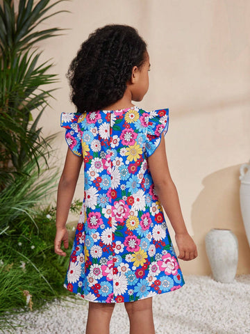 Kids Cooltwn Young Girl's Everyday Casual Spring Summer Woven Floral Print Round Neck Short Flared Sleeve Dress
