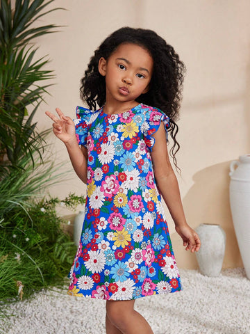Kids Cooltwn Young Girl's Everyday Casual Spring Summer Woven Floral Print Round Neck Short Flared Sleeve Dress
