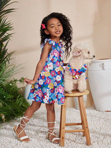 Kids Cooltwn Young Girl's Everyday Casual Spring Summer Woven Floral Print Round Neck Short Flared Sleeve Dress