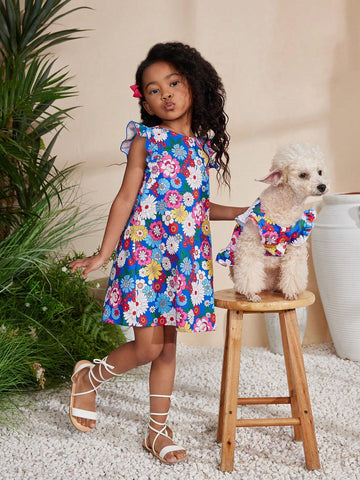 Kids Cooltwn Young Girl's Everyday Casual Spring Summer Woven Floral Print Round Neck Short Flared Sleeve Dress
