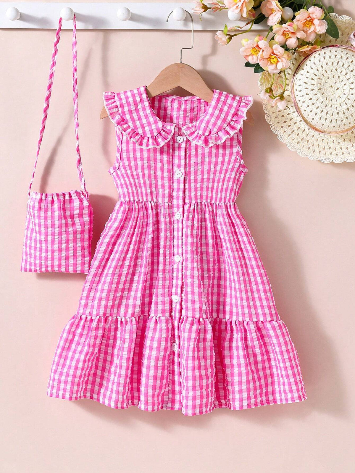 Kids EVRYDAY Little Girls' Cute Casual Vacation Pink And White Checkered Dress