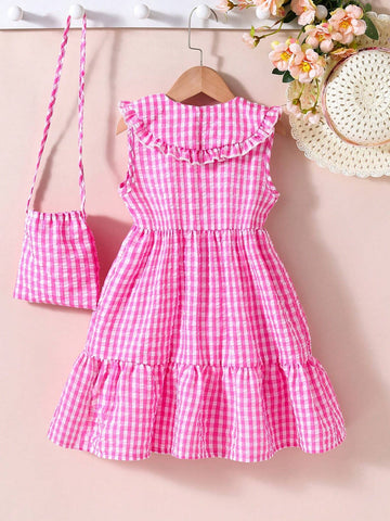 Kids EVRYDAY Little Girls' Cute Casual Vacation Pink And White Checkered Dress