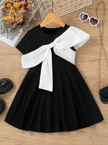 Kids EVRYDAY Young Girl'S Color Block Dress With Bow Decorations