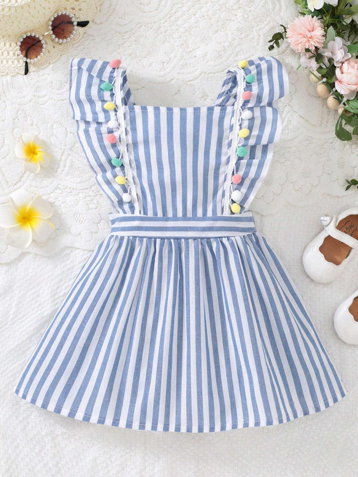 Kids EVRYDAY Young Girl Casual Holiday Stripe Print Square Neck Sleeveless Backless Dress With Colorful Pom Poms For Summer