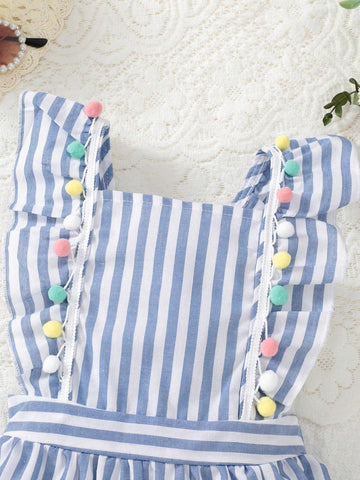 Kids EVRYDAY Young Girl Casual Holiday Stripe Print Square Neck Sleeveless Backless Dress With Colorful Pom Poms For Summer