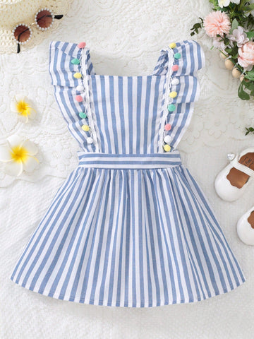 Kids EVRYDAY Young Girl Casual Holiday Stripe Print Square Neck Sleeveless Backless Dress With Colorful Pom Poms For Summer