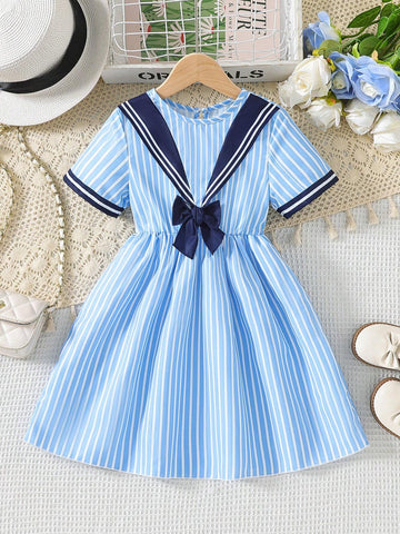 Kids EVRYDAY Young Girl Casual Nautical Style Short Sleeve Dress With Blue & White Stripes, Bowknot Detail At Front For School, Summer