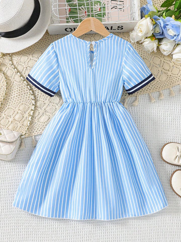 Kids EVRYDAY Young Girl Casual Nautical Style Short Sleeve Dress With Blue & White Stripes, Bowknot Detail At Front For School, Summer