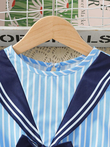 Kids EVRYDAY Young Girl Casual Nautical Style Short Sleeve Dress With Blue & White Stripes, Bowknot Detail At Front For School, Summer