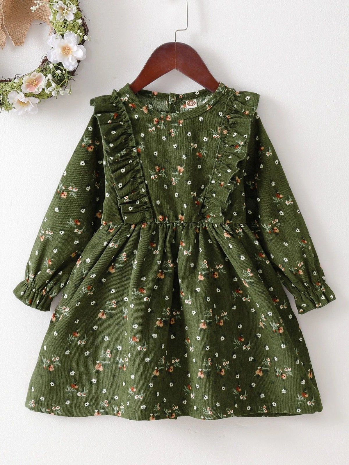 Kids EVRYDAY Young Girl Ditsy Floral Ruffle Trim Flounce Sleeve Corduroy Dress
