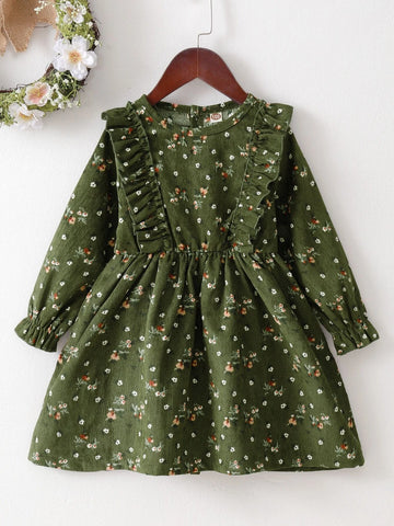 Kids EVRYDAY Young Girl Ditsy Floral Ruffle Trim Flounce Sleeve Corduroy Dress