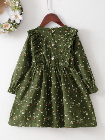 Kids EVRYDAY Young Girl Ditsy Floral Ruffle Trim Flounce Sleeve Corduroy Dress