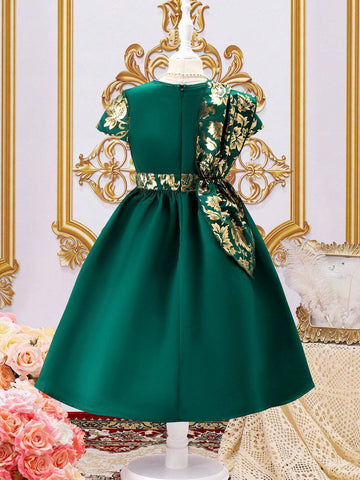 Kids EVRYDAY Young Girl Gold Pattern Round Neck Dress