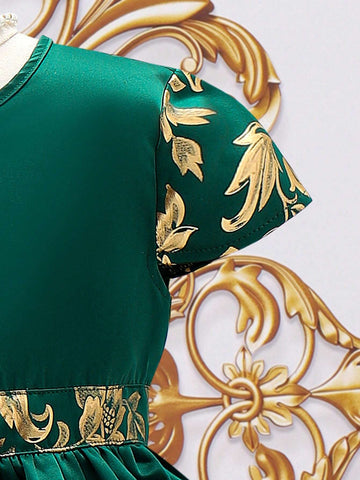 Kids EVRYDAY Young Girl Gold Pattern Round Neck Dress