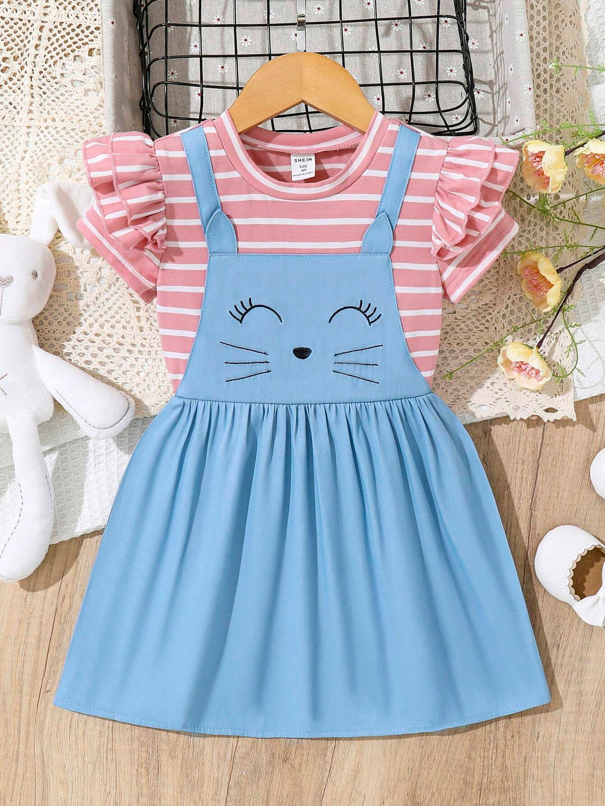 Kids EVRYDAY Young Girl's Easter Casual Striped Rabbit Embroidery Two-In-One Dress, Suitable For Holiday Parties And Vacations