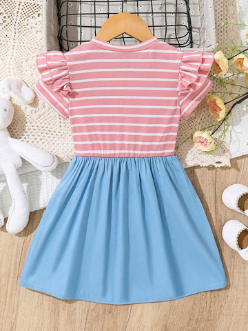 Kids EVRYDAY Young Girl's Easter Casual Striped Rabbit Embroidery Two-In-One Dress, Suitable For Holiday Parties And Vacations