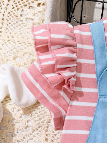 Kids EVRYDAY Young Girl's Easter Casual Striped Rabbit Embroidery Two-In-One Dress, Suitable For Holiday Parties And Vacations