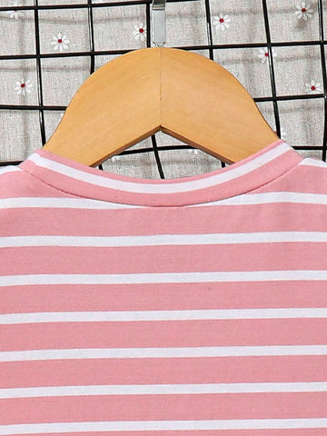 Kids EVRYDAY Young Girl's Easter Casual Striped Rabbit Embroidery Two-In-One Dress, Suitable For Holiday Parties And Vacations