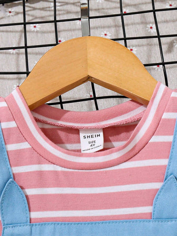 Kids EVRYDAY Young Girl's Easter Casual Striped Rabbit Embroidery Two-In-One Dress, Suitable For Holiday Parties And Vacations