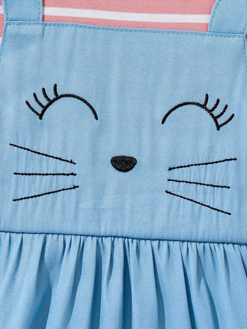 Kids EVRYDAY Young Girl's Easter Casual Striped Rabbit Embroidery Two-In-One Dress, Suitable For Holiday Parties And Vacations