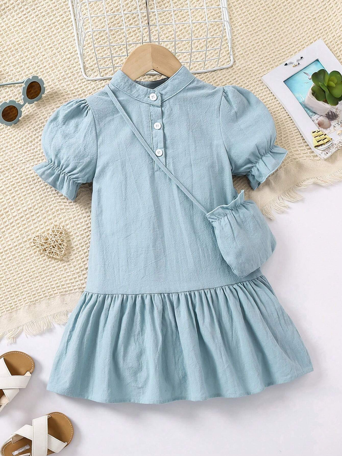Kids EVRYDAY Young Girls' Elegant Stand Collar Bubble Sleeve Dress With Purse, Great For Vacation