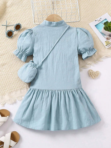 Kids EVRYDAY Young Girls' Elegant Stand Collar Bubble Sleeve Dress With Purse, Great For Vacation
