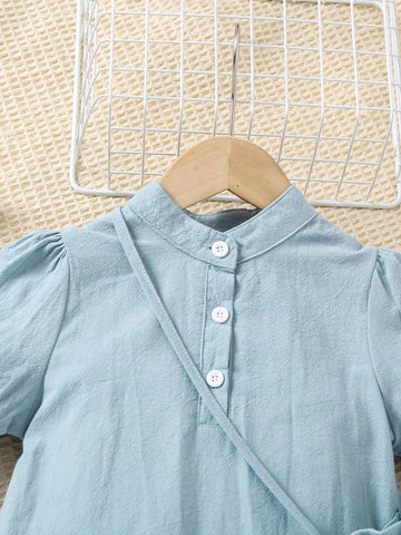 Kids EVRYDAY Young Girls' Elegant Stand Collar Bubble Sleeve Dress With Purse, Great For Vacation