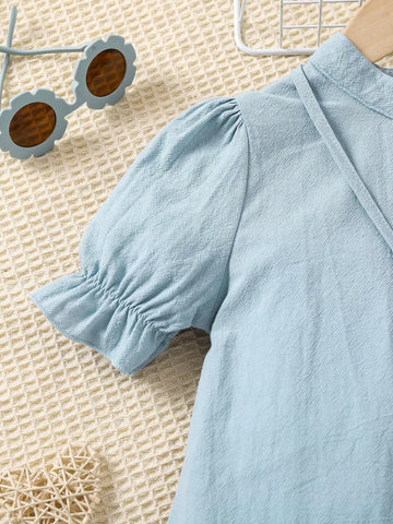 Kids EVRYDAY Young Girls' Elegant Stand Collar Bubble Sleeve Dress With Purse, Great For Vacation