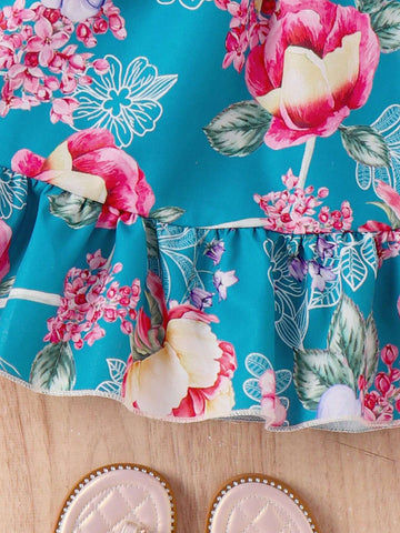 Kids EVRYDAY Young Girls' Fashionable Ins Style Bow Knot Print Patchwork Dress