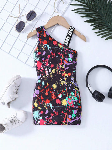 Kids EVRYDAY Young Girl's Knitted Spatter Pattern Color-Block Patchwork Leisure Dress