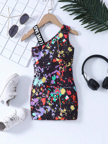 Kids EVRYDAY Young Girl's Knitted Spatter Pattern Color-Block Patchwork Leisure Dress
