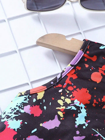 Kids EVRYDAY Young Girl's Knitted Spatter Pattern Color-Block Patchwork Leisure Dress