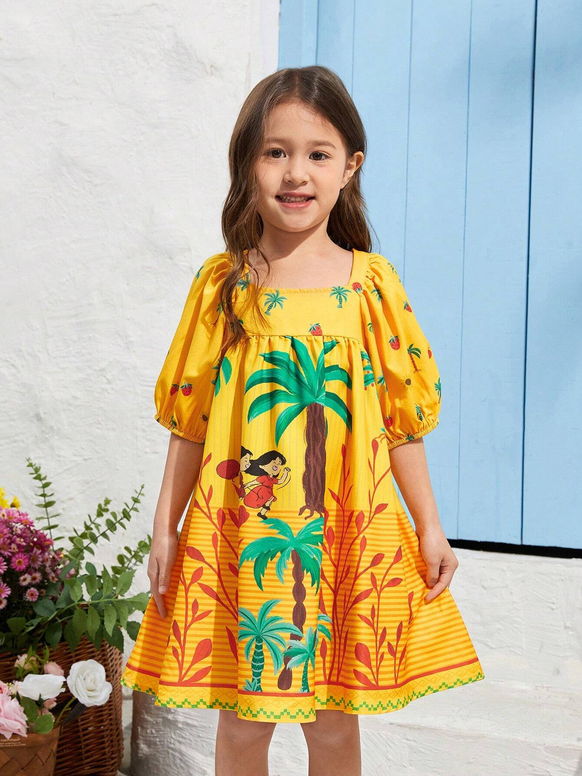 Kids EVERYDAY Young Girl's Knitted Square Neck Cute Pattern Loose Casual Dress