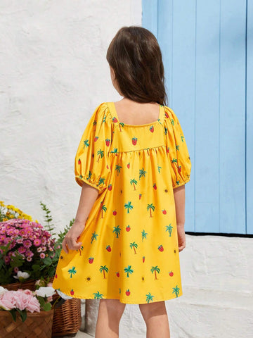 Kids EVERYDAY Young Girl's Knitted Square Neck Cute Pattern Loose Casual Dress